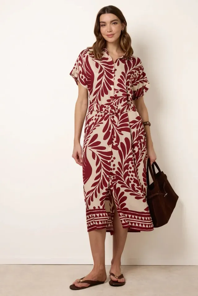 Blue Vanilla Tropical Leaf abito camicia vino S midi