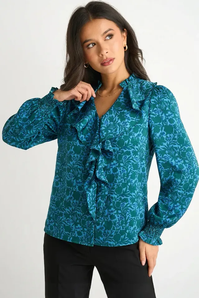Gini London camicetta blu 10 floreale con rouche