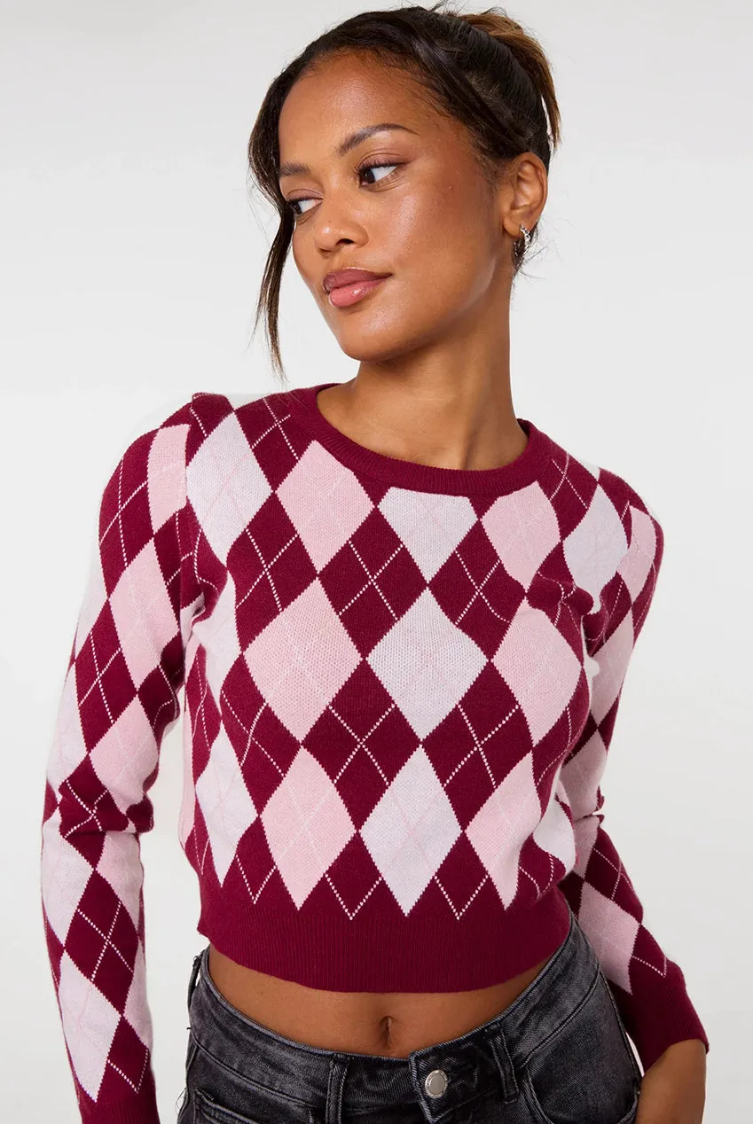 Pink Vanilla Argyle Diamond Check maglione vino cropped