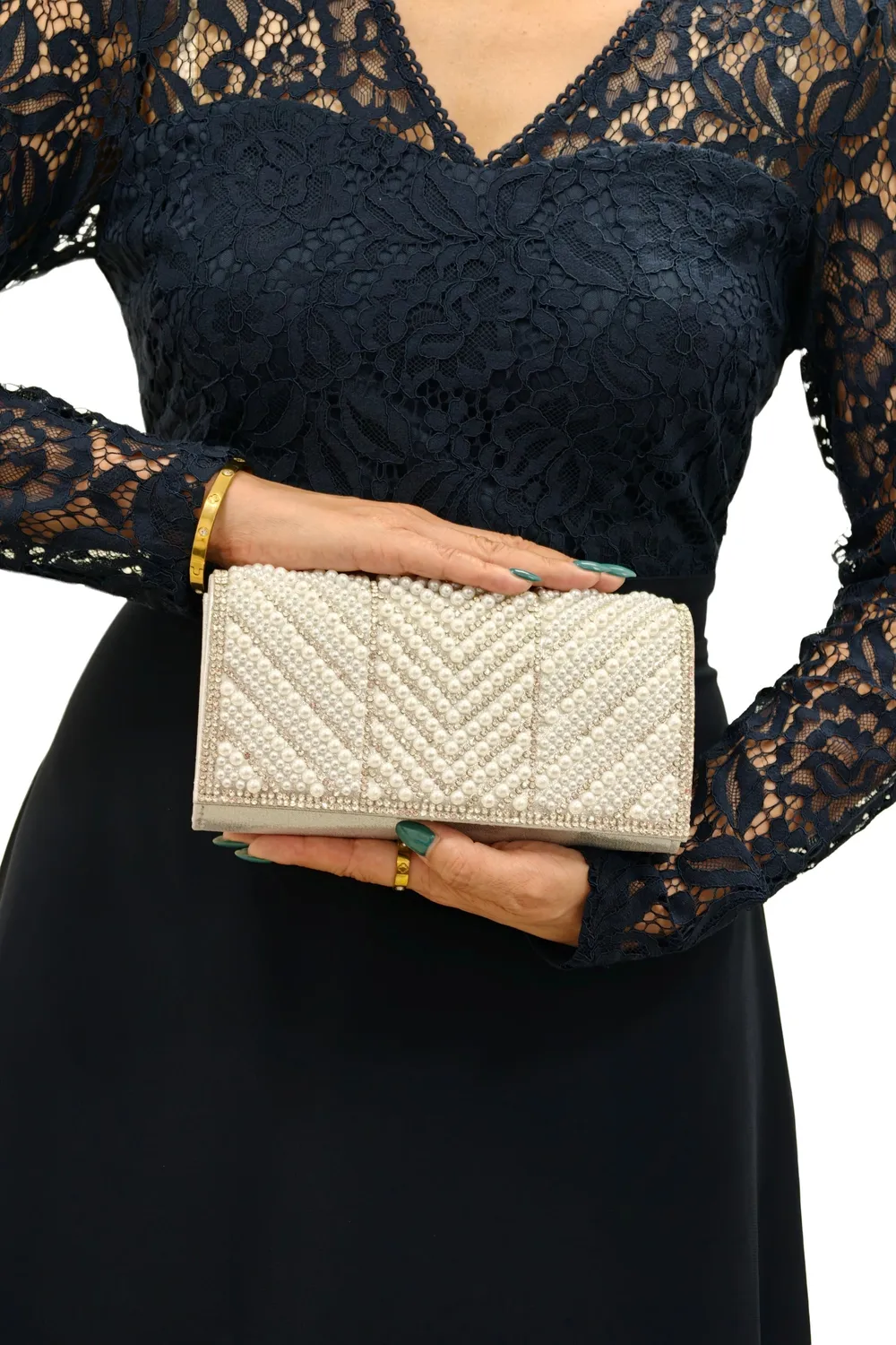 Double Second Clutch Perle Argento con Strass e Catena