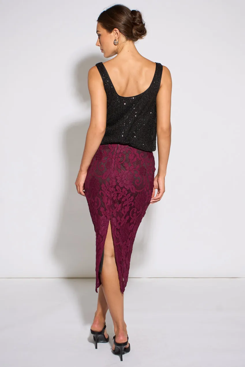 Gini London gonna matita midi pizzo prugna cordonetto