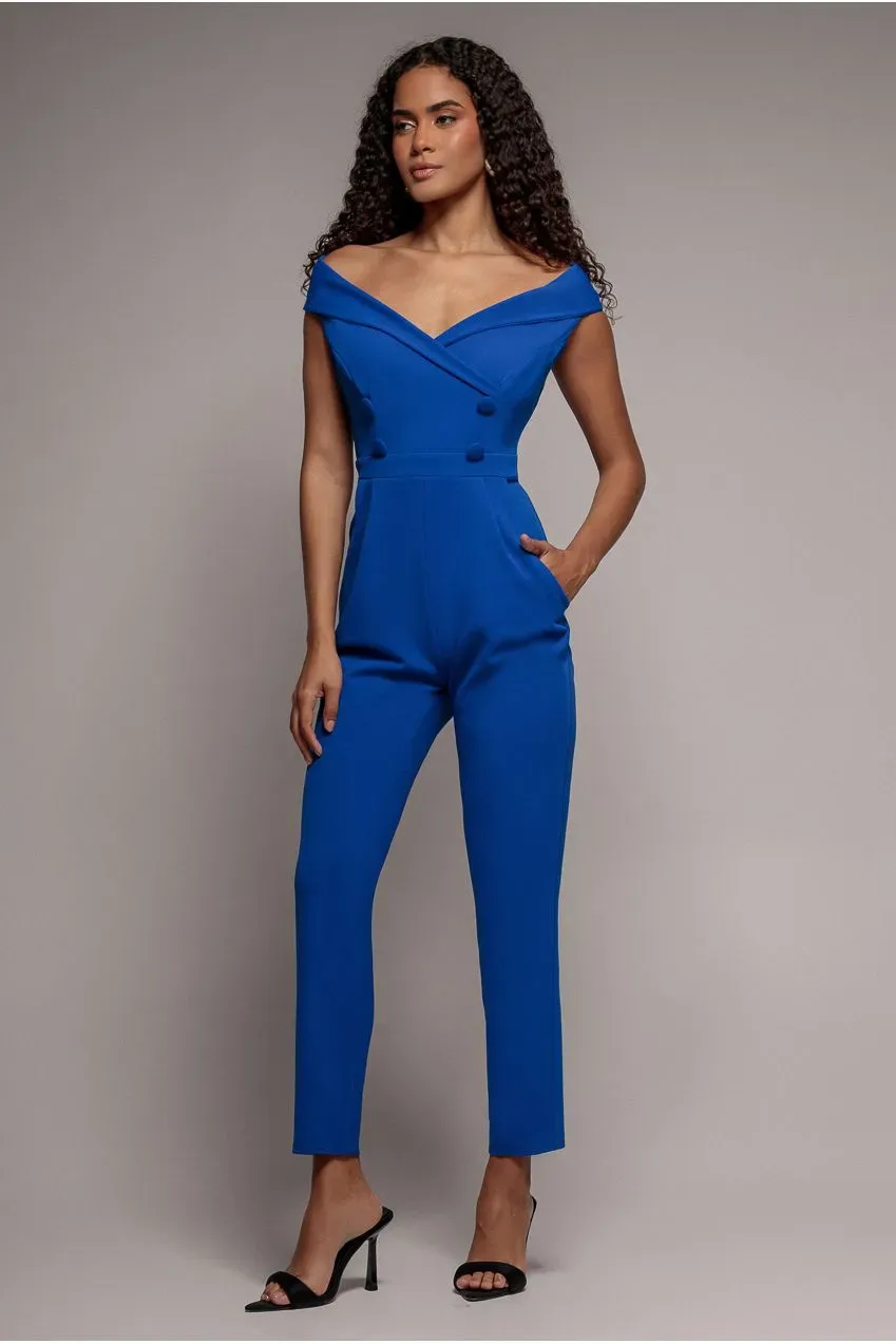 Goddiva Bardot Wrap tuta scollo cuore blu vivo