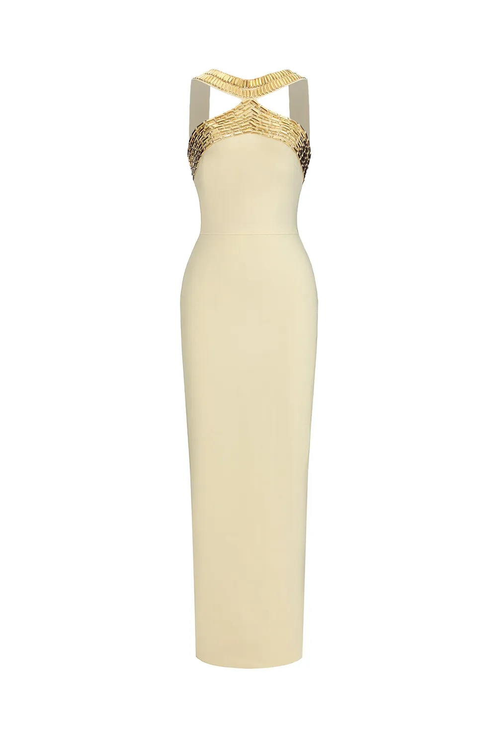 Bella Barnett Riza abito lungo giallo strass halter