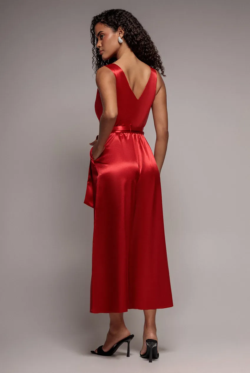 Goddiva Satin Culotte tuta rossa scollo a V