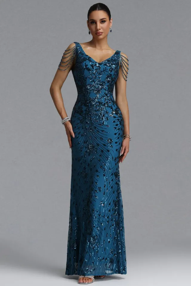 Bella Barnett Gerianna abito sirena blu paillettes