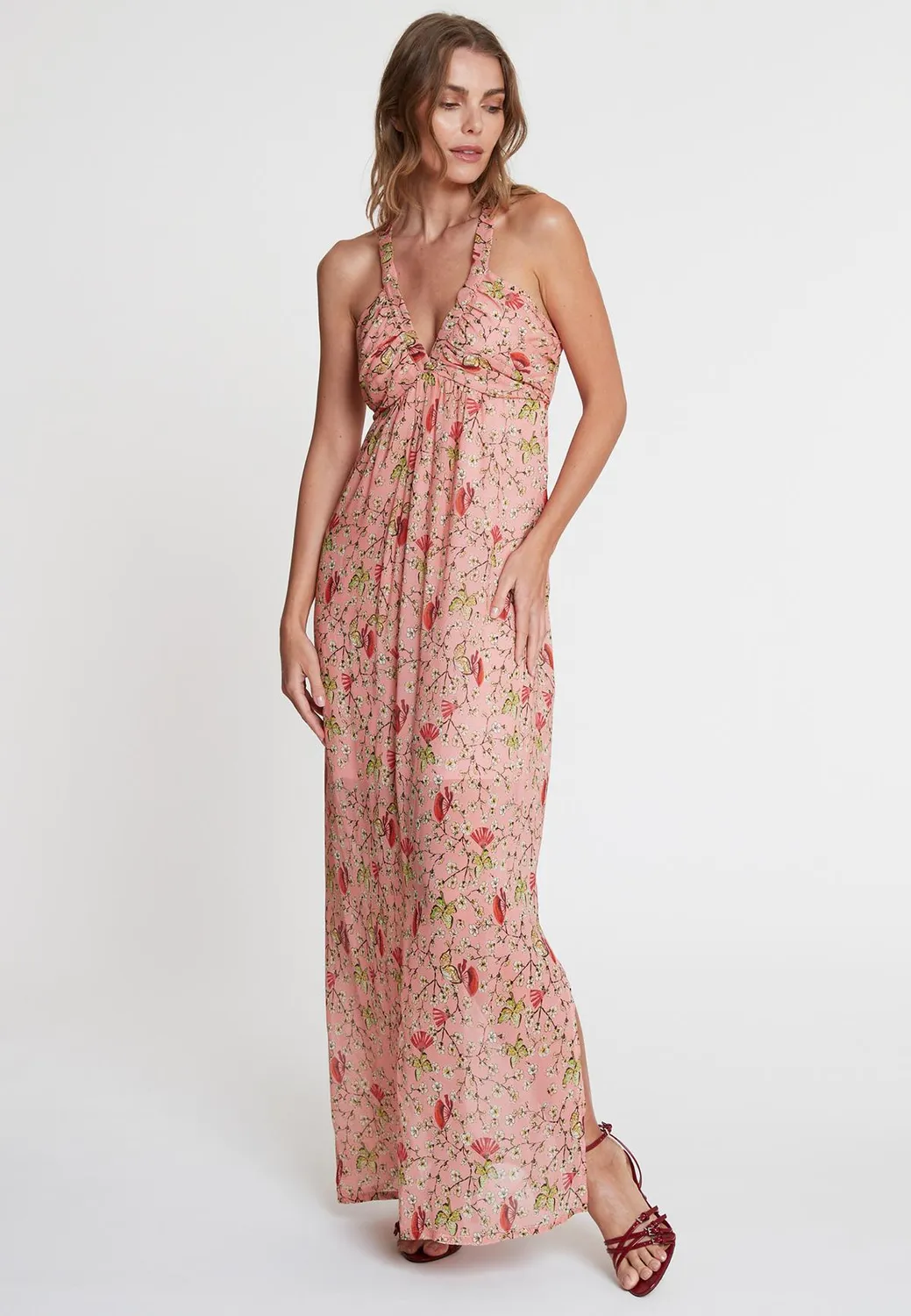Ana Alcazar Wavea abito maxi rosa fiori scollo V