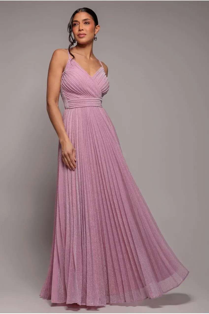 Goddiva Lurex Pleated A-Line abito maxi rosa