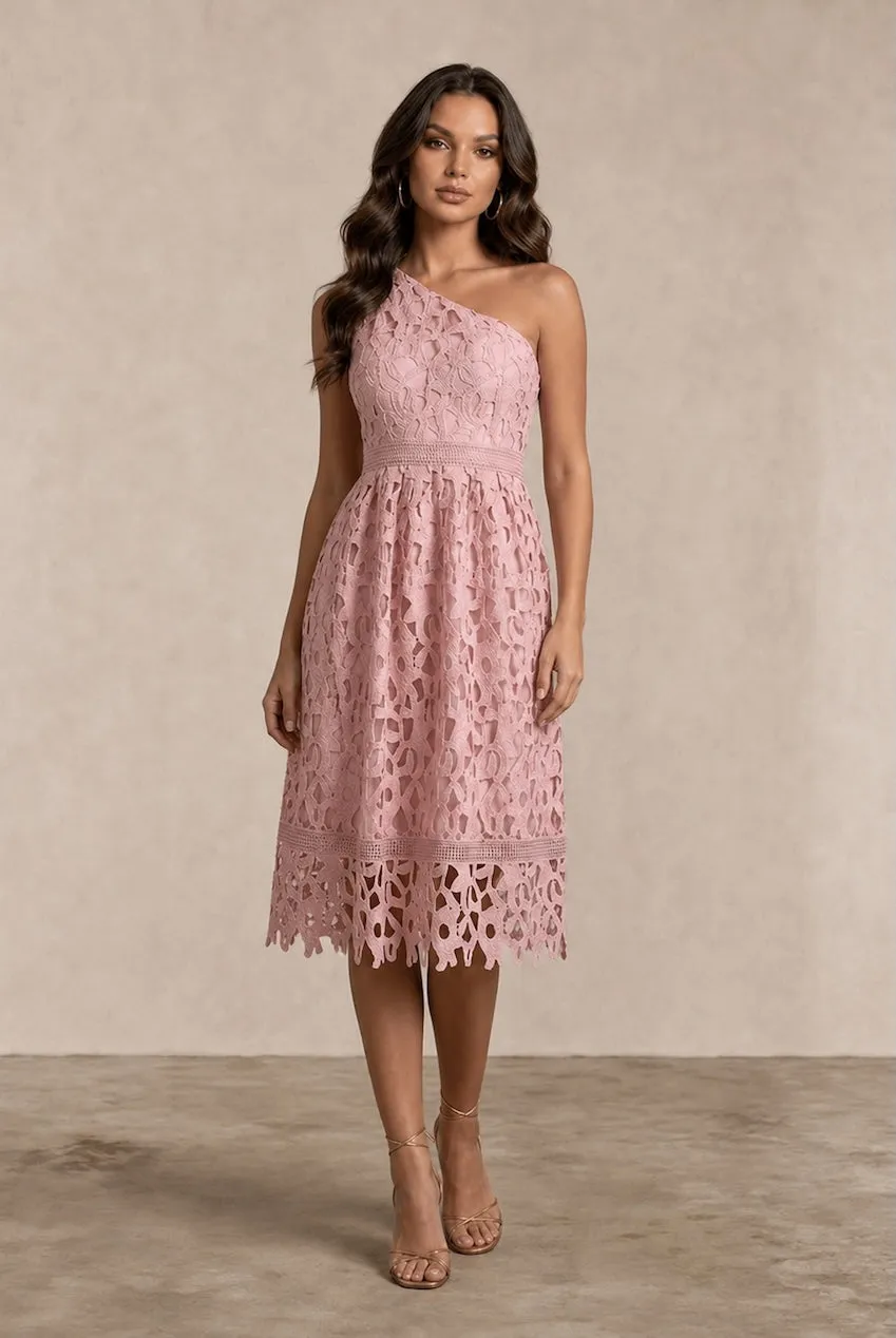 Chi Chi London One Shoulder abito midi pizzo rosa blush