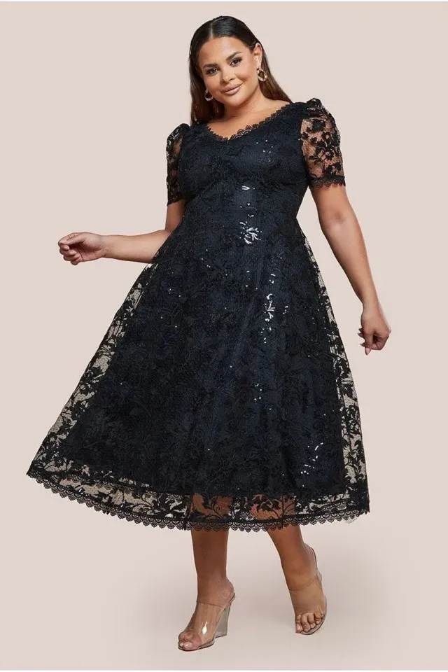 Goddiva Plus Sequin Lace abito midi nero pizzo