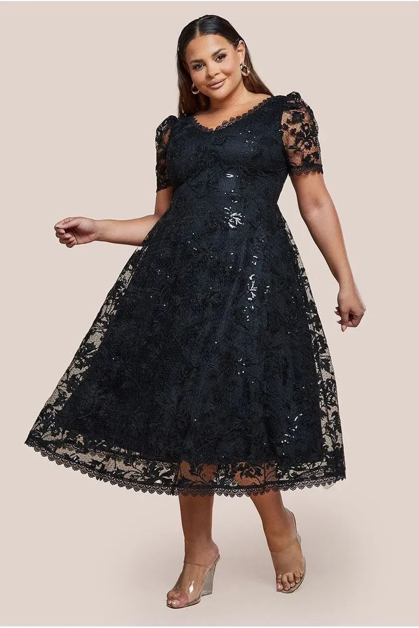 Goddiva Plus Sequin Lace abito midi nero pizzo