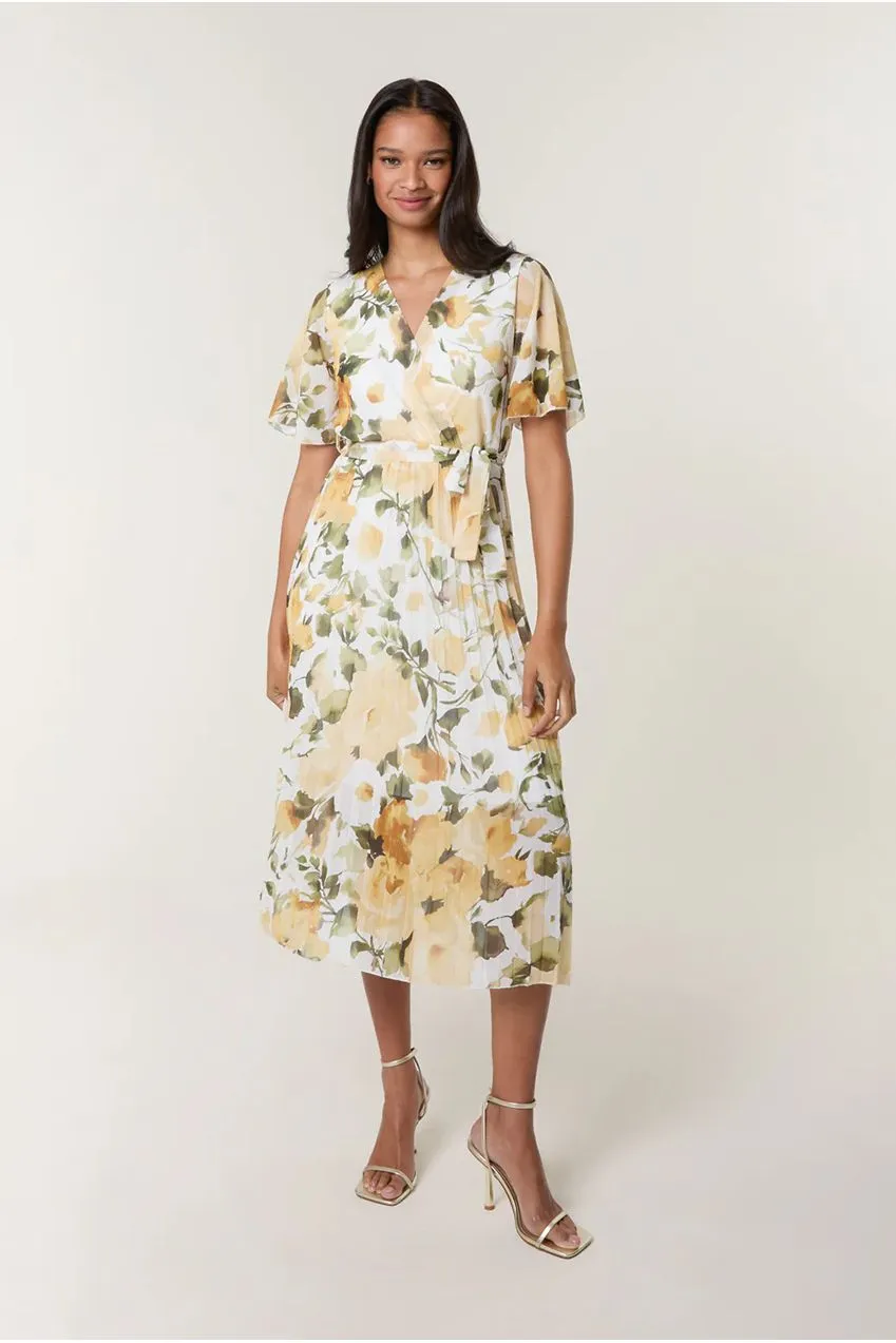 Goddiva Blue Vanilla Short Sleeve Wrap abito midi giallo
