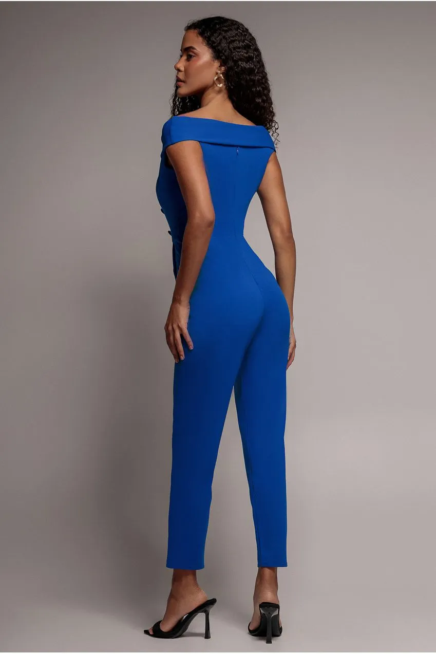 Goddiva Bardot Wrap tuta scollo cuore blu vivo