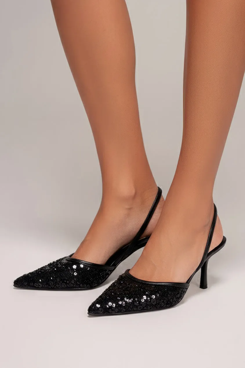 Goddiva Slingback Tacco Basso Nere Paillettes