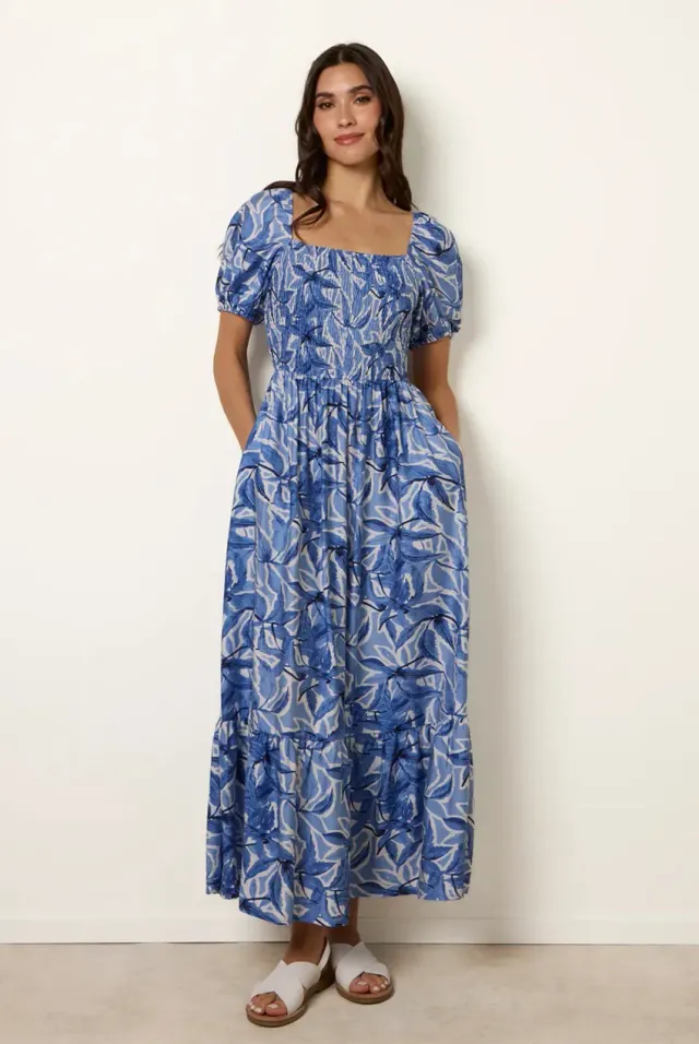 Blue Vanilla Floral abito midi blu scollo quadrato