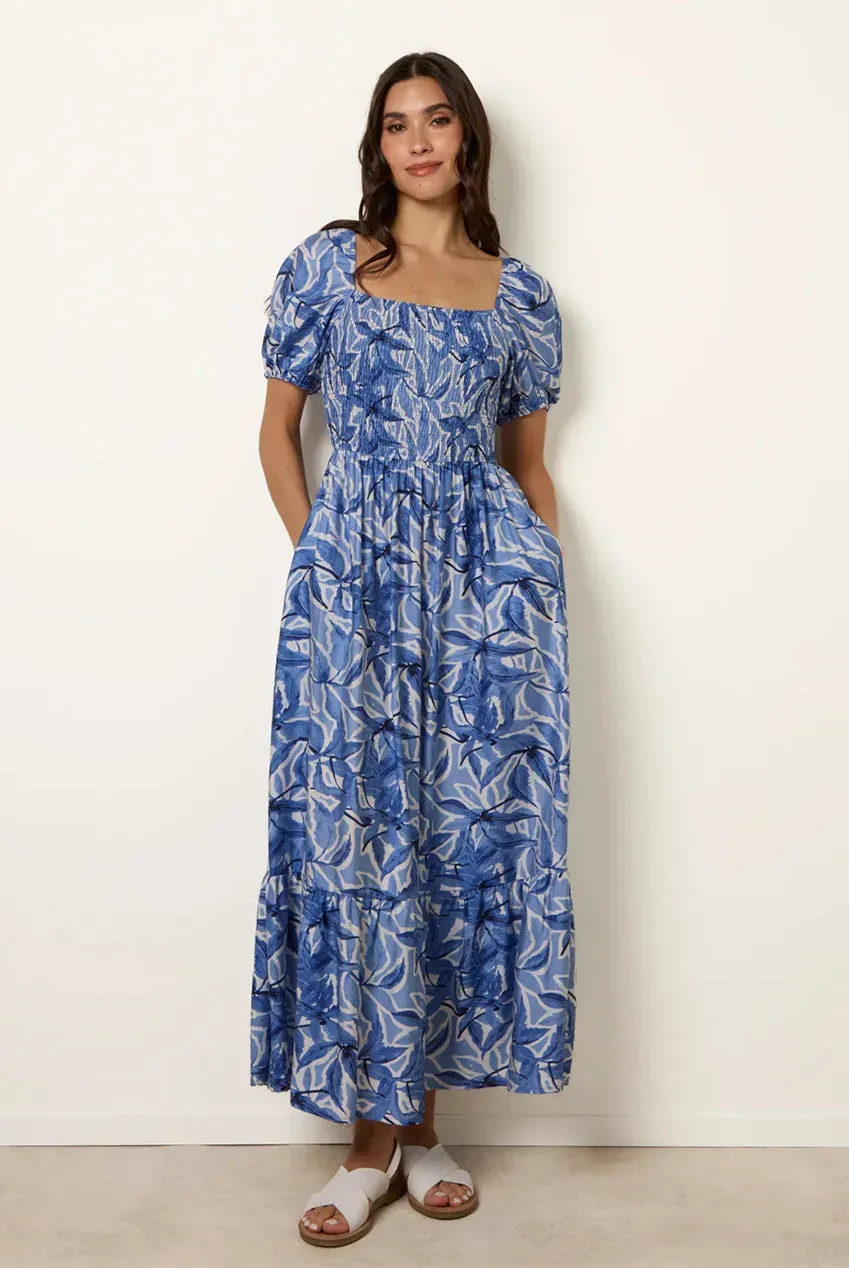 Blue Vanilla Floral abito midi blu scollo quadrato