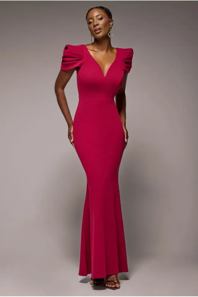 Goddiva DR4798 abito maxi bordeaux scuba scollo V