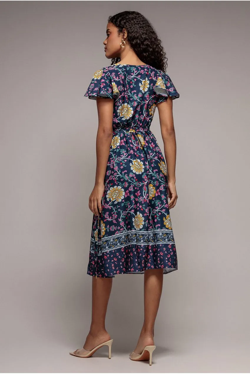 Goddiva Floral Print Wrap Flutter Abito Midi Blu Navy Floreale