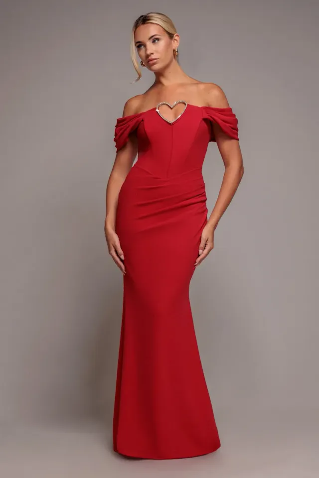 Goddiva DR4700 Diamante Heart abito maxi rosso scollato