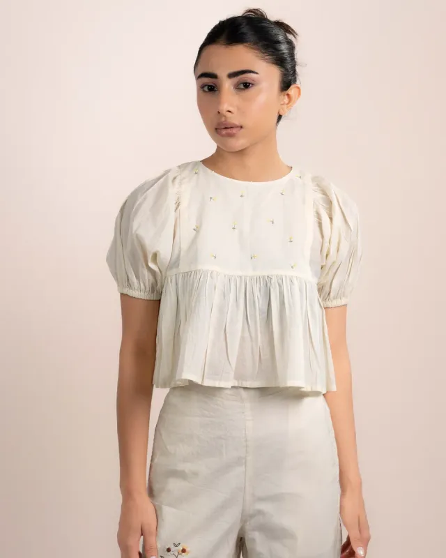 Our Dve Lily Top beige in cotone scollo rotondo