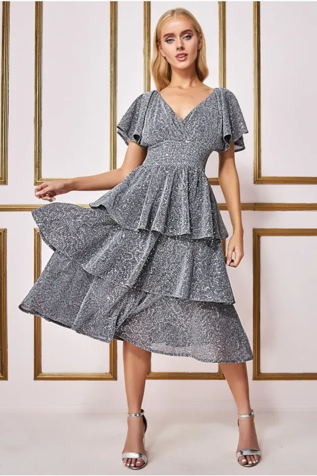 Goddiva Sequin Lurex abito midi argento paillettes