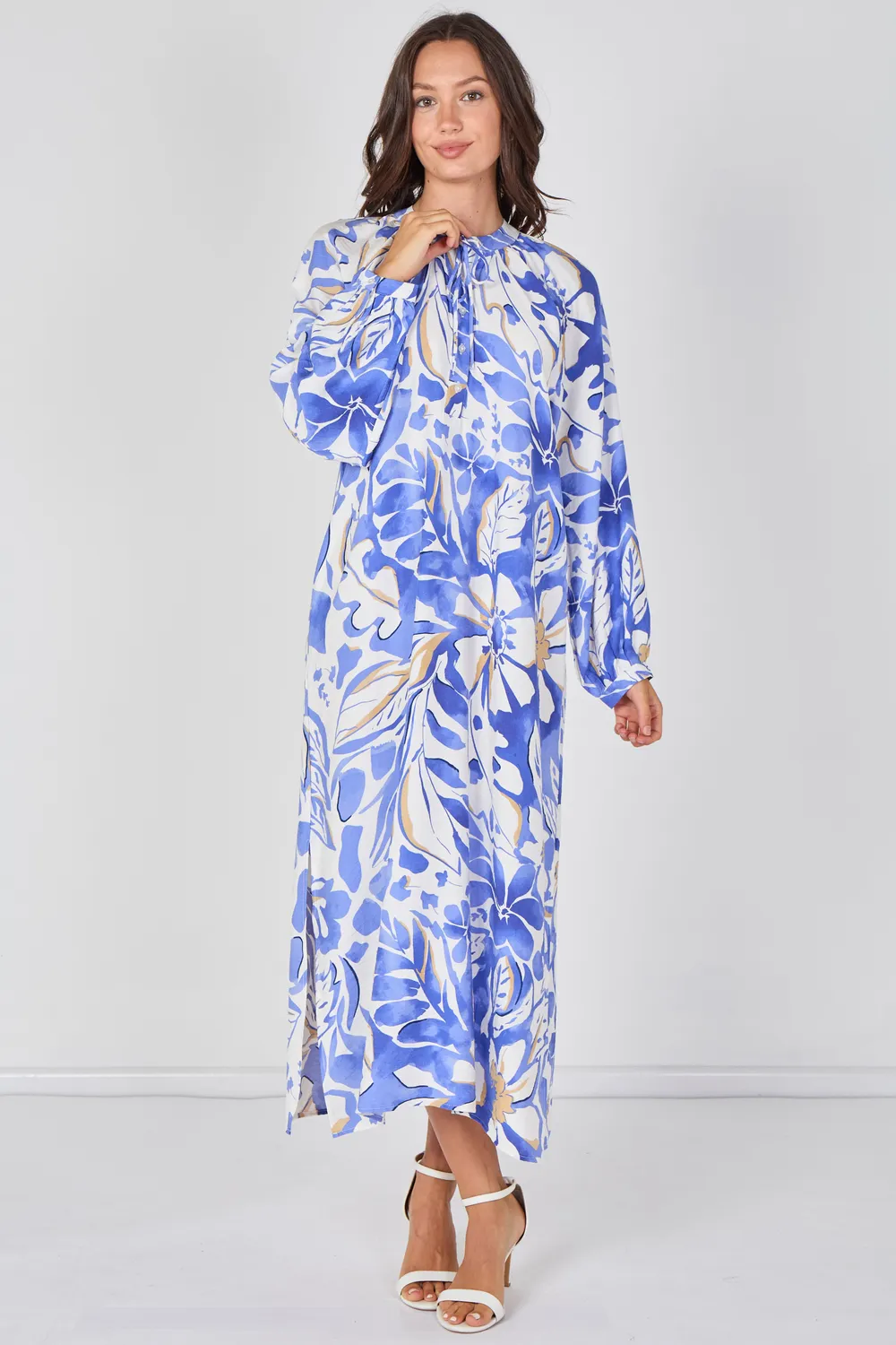 LOVE SUNSHINE Tropical Leaf abito maxi blu stampa foglie