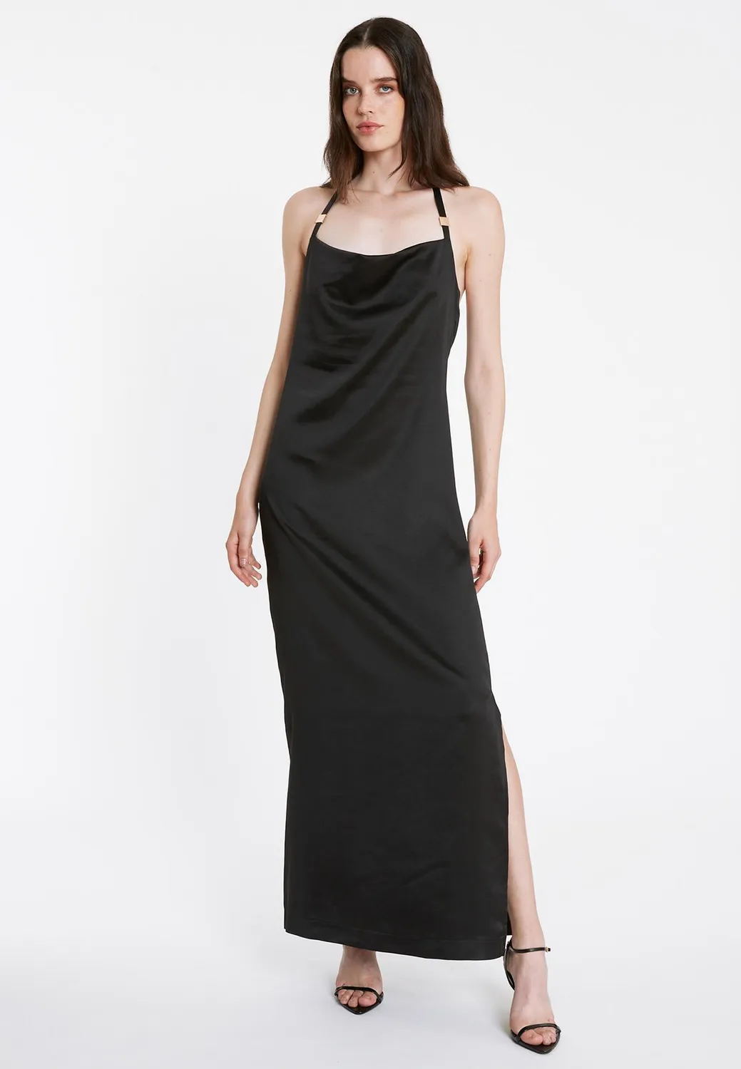 Ana Alcazar Paha abito lungo raso nero scollo halter