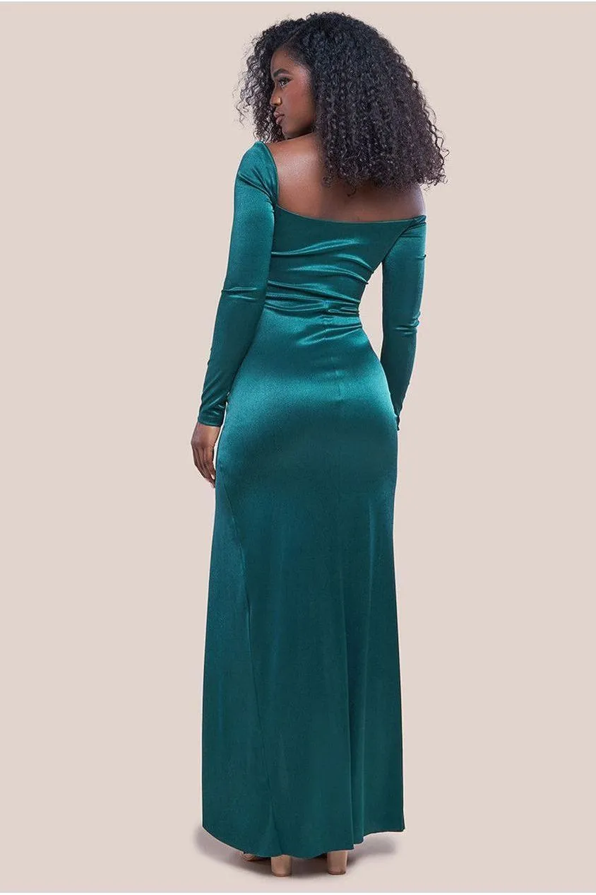 Goddiva Slinky Satin Monospalla Abito Lungo Verde Smeraldo satin