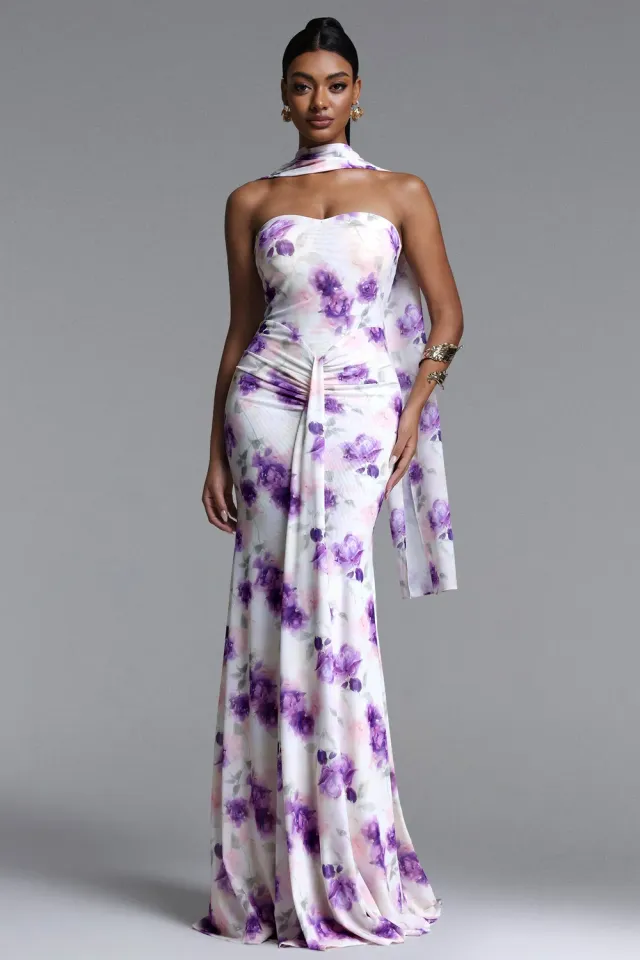 Bella Barnett Olivia abito maxi mesh viola floreale senza spalline