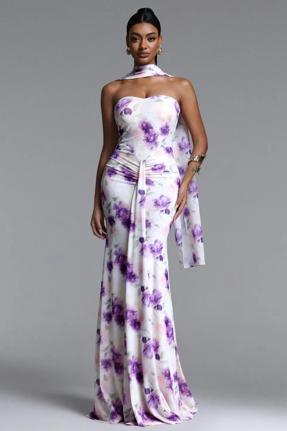 Bella Barnett Olivia abito maxi mesh viola floreale senza spalline