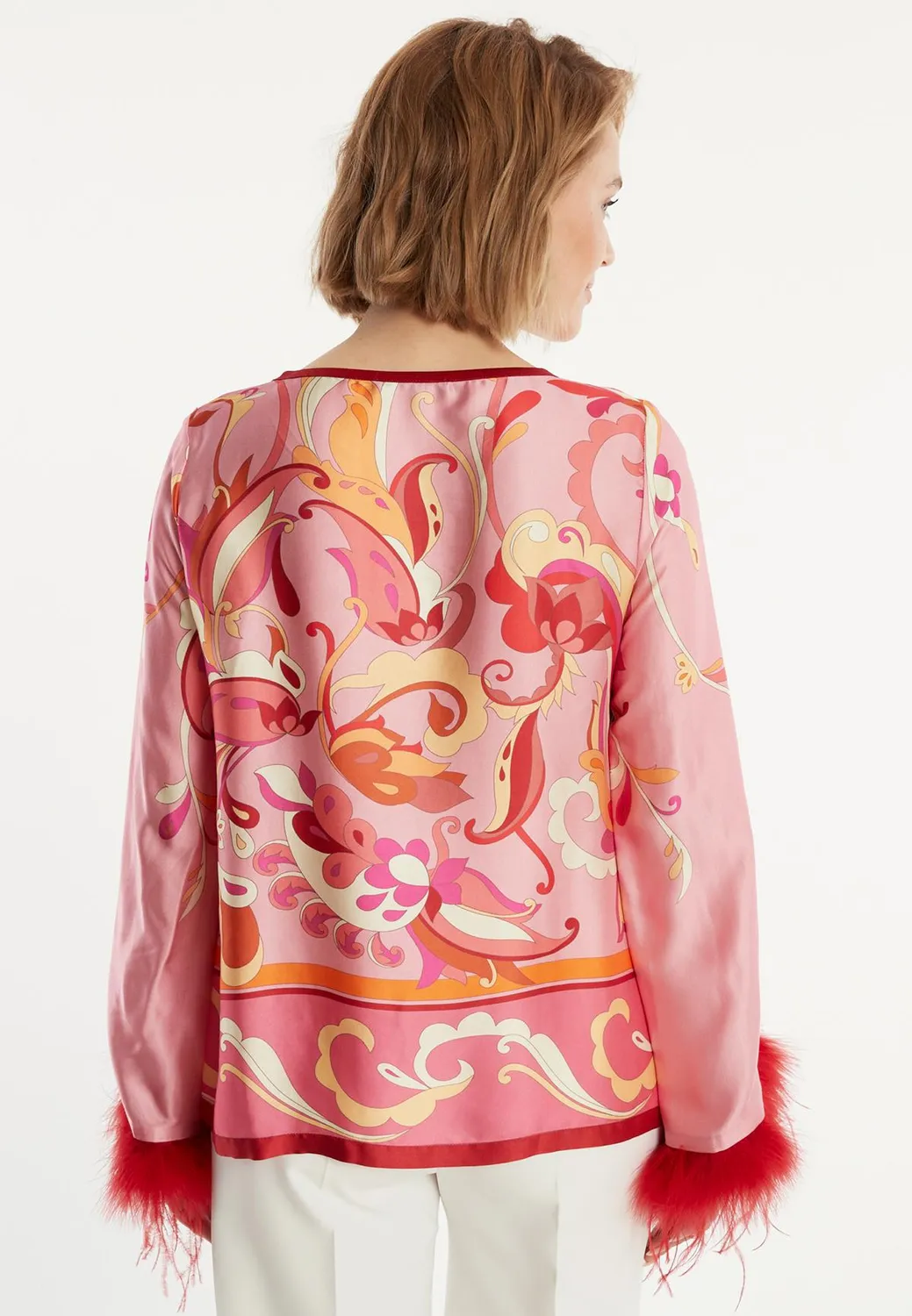 Ana Alcazar Zemmy top in raso rosa con piume