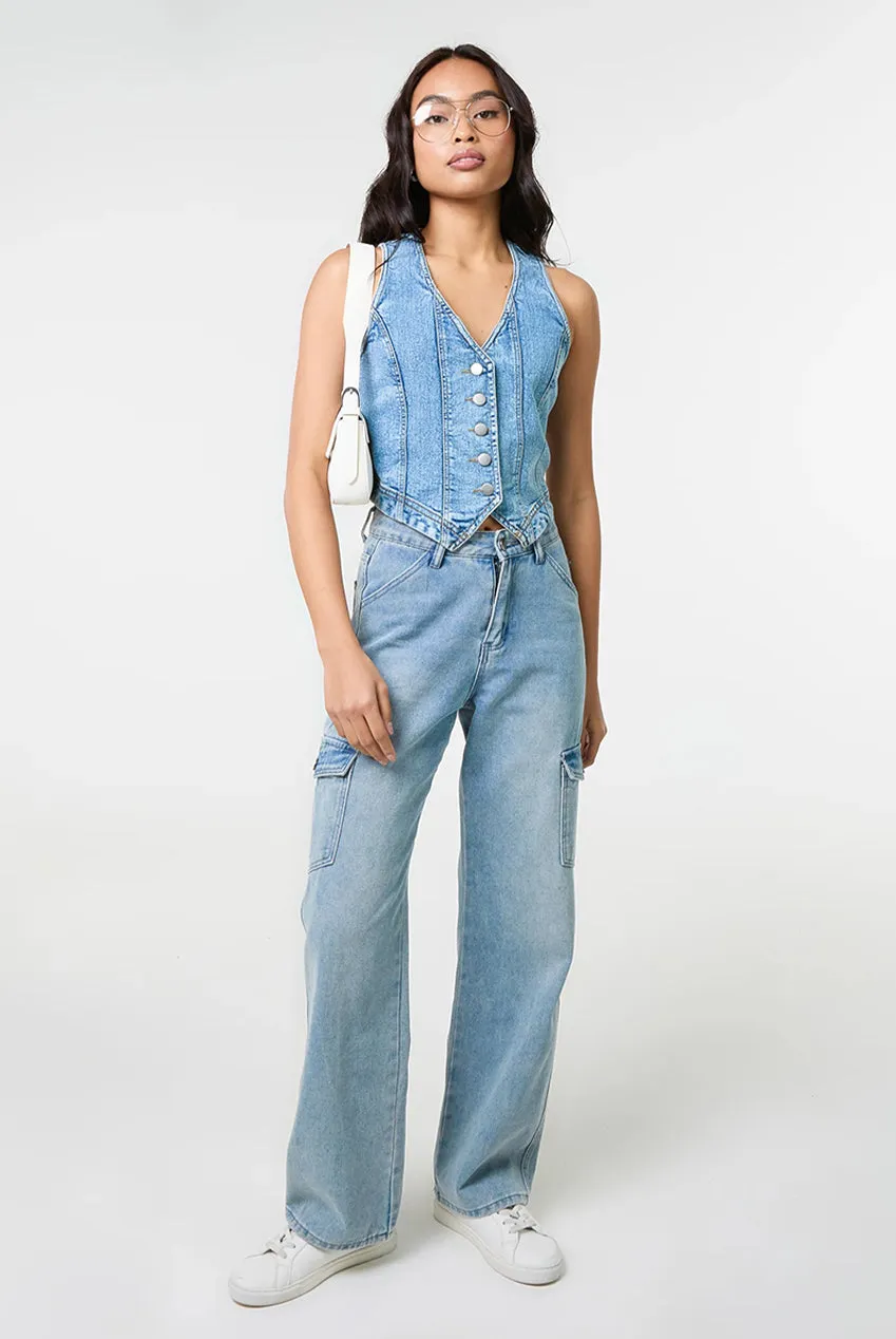 Pink Vanilla Denim gilet denim blu bottoni cotone
