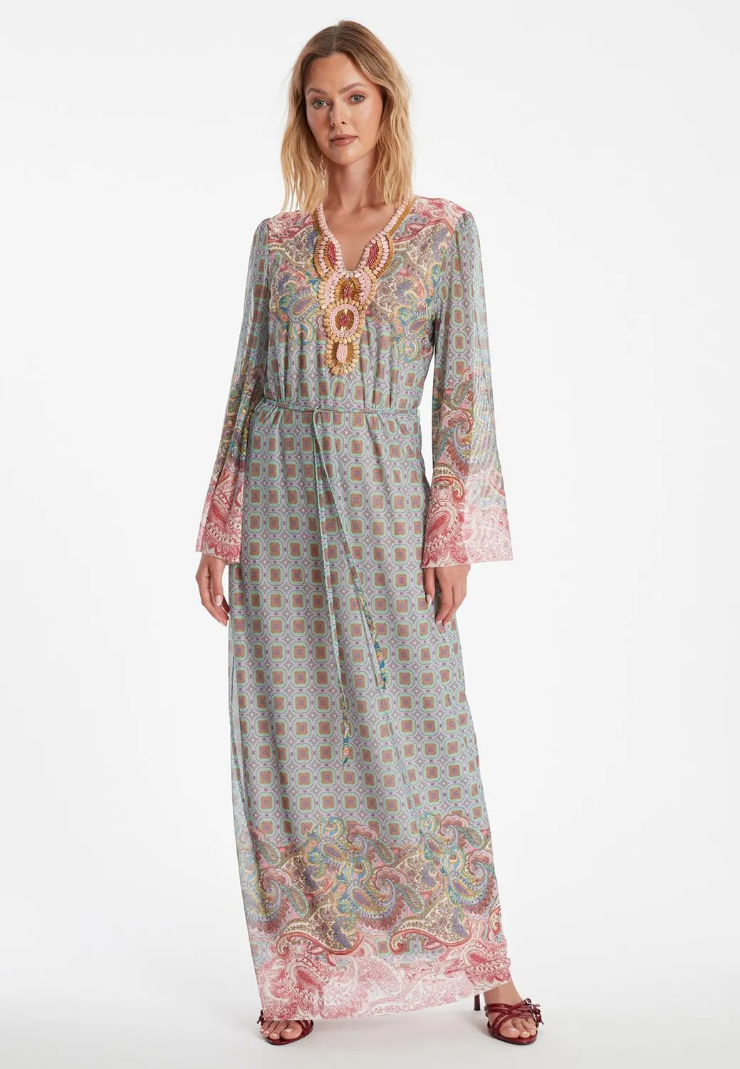 Ana Alcazar Zikosa abito caftano maxi grigio rosa
