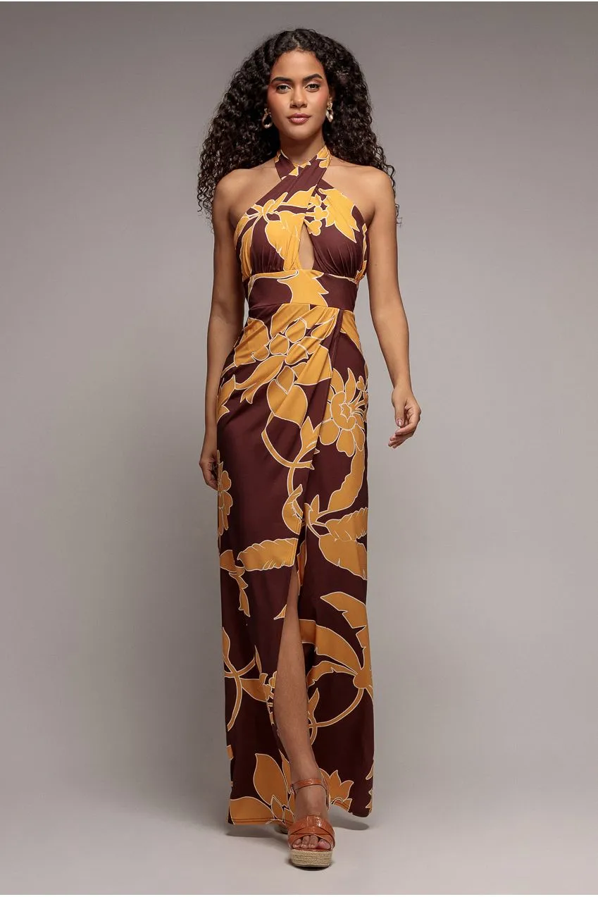 Goddiva Abito Maxi Fantasia Marrone Scollo Halter