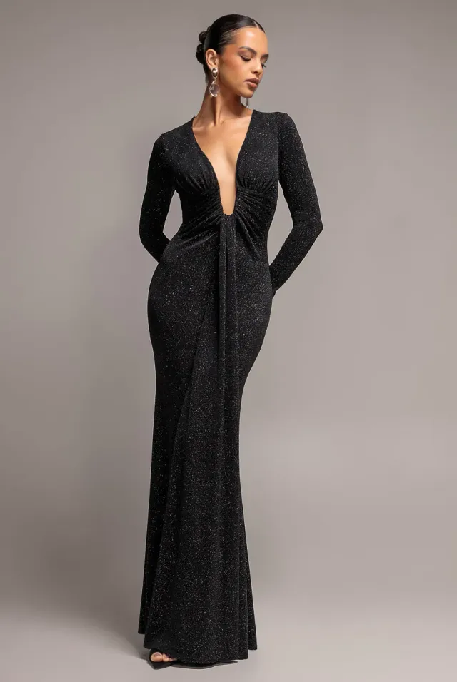 Goddiva Plunge Neck abito maxi lurex nero scollo profondo