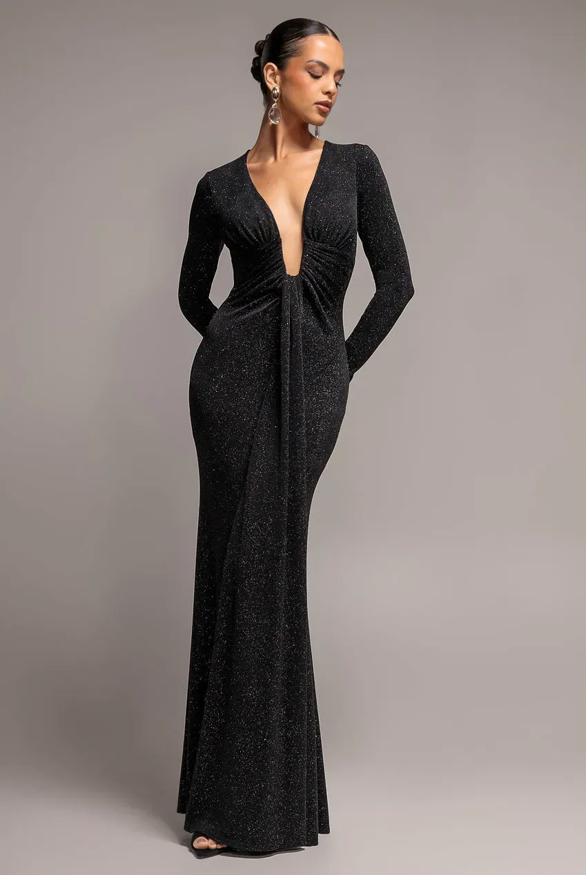 Goddiva Plunge Neck abito maxi lurex nero scollo profondo