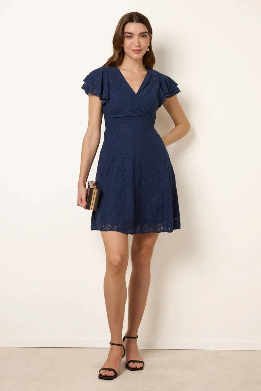 Blue Vanilla Lace Angel Sleeve mini abito pizzo navy