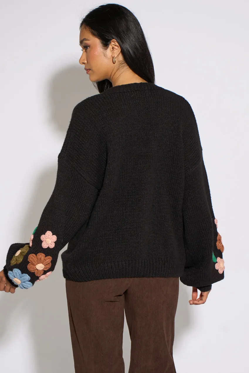 Gini London Cardigan Nero Maglia Fiori 3D Maniche