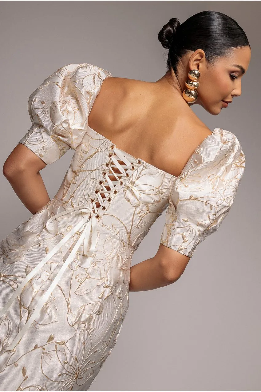 Goddiva Puff Sleeve Sweetheart DR4758 abito midi crema jacquard