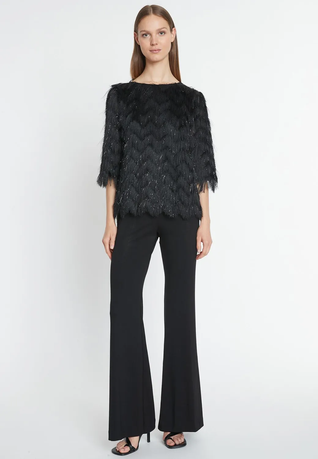 Ana Alcazar Macea Top Nero con Frange Zigzag
