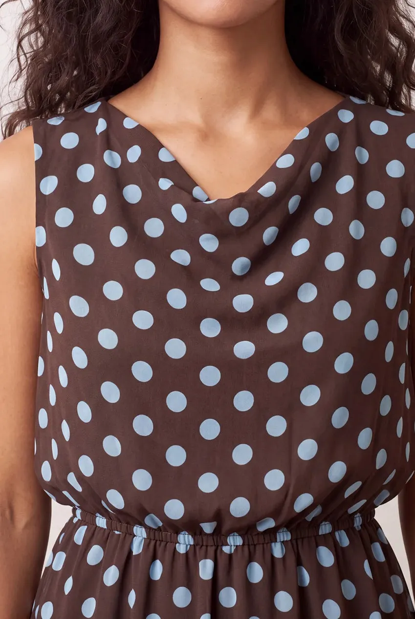 Blue Vanilla Polka Dot Drop Cowl Neck abito midi cioccolato