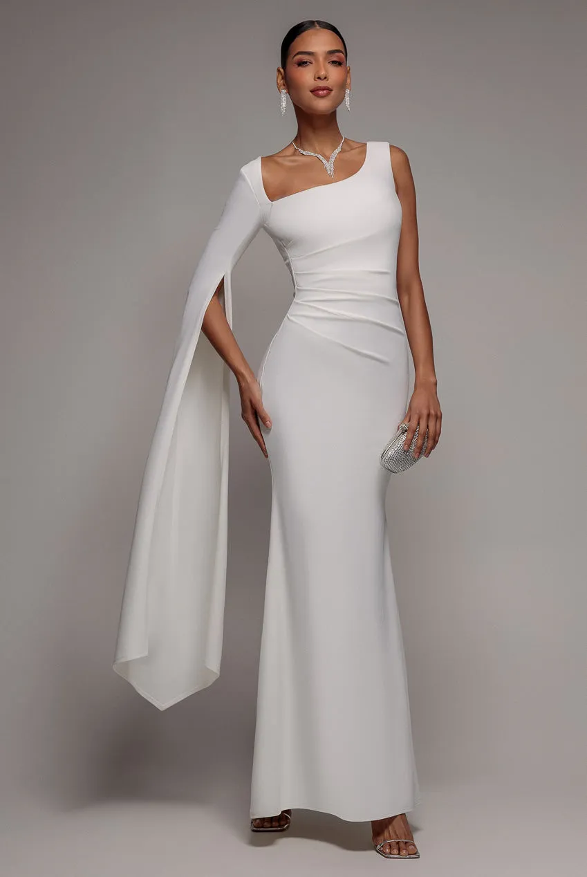 Goddiva One Shoulder Cape abito maxi bianco scuba cerimonia