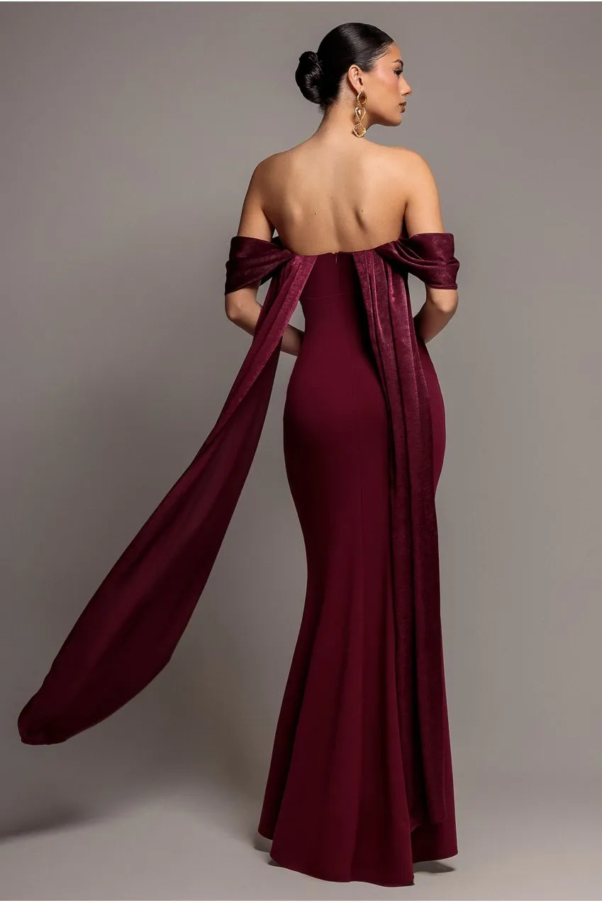 Goddiva Abito Maxi Bordeaux Saten Maniche Mantella