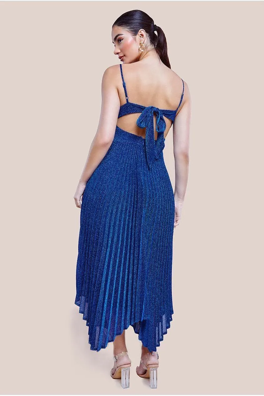 Goddiva Skater Midi abito blu royal lurex plissettato