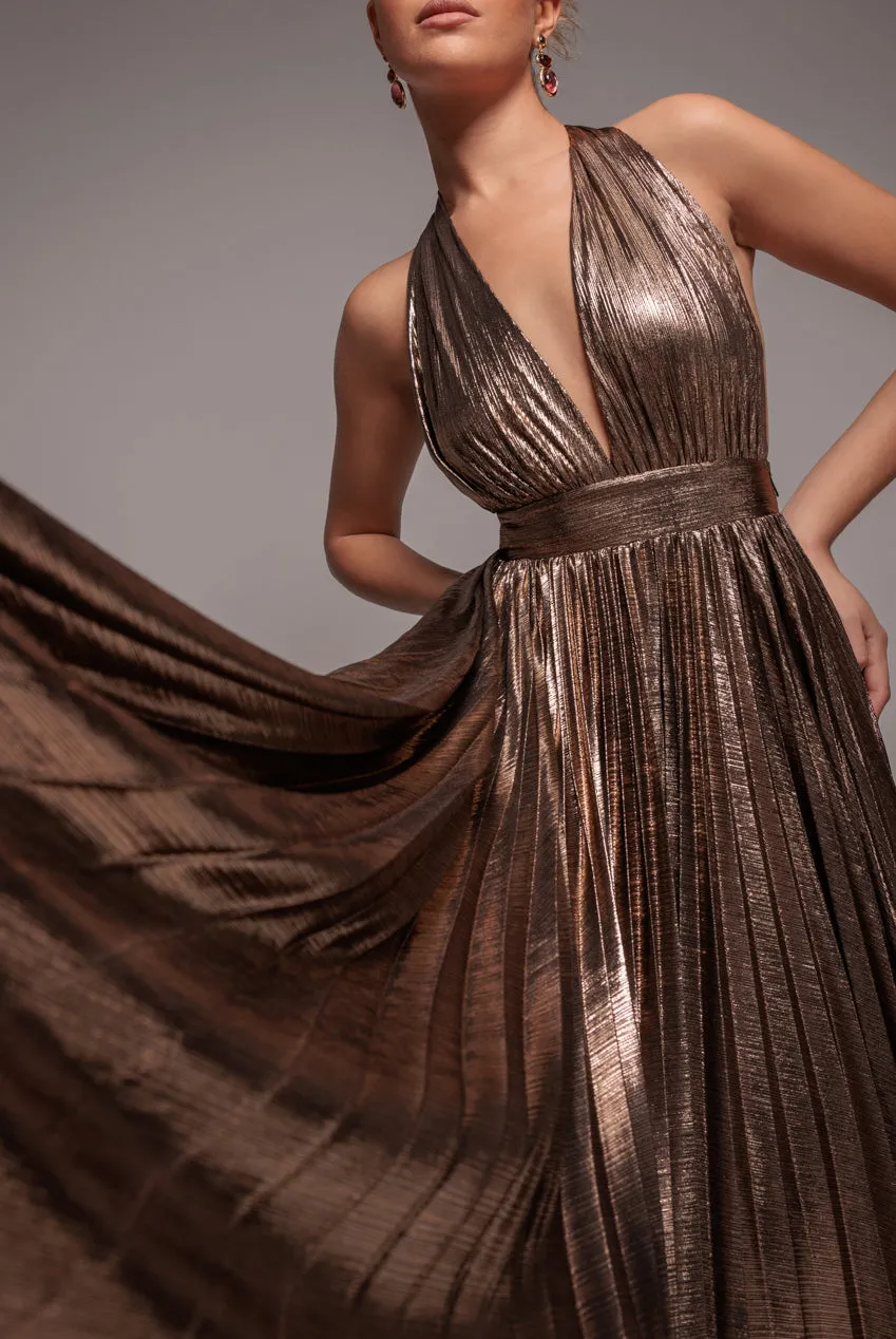 Goddiva Sunrise Foil abito maxi oro scollo halter