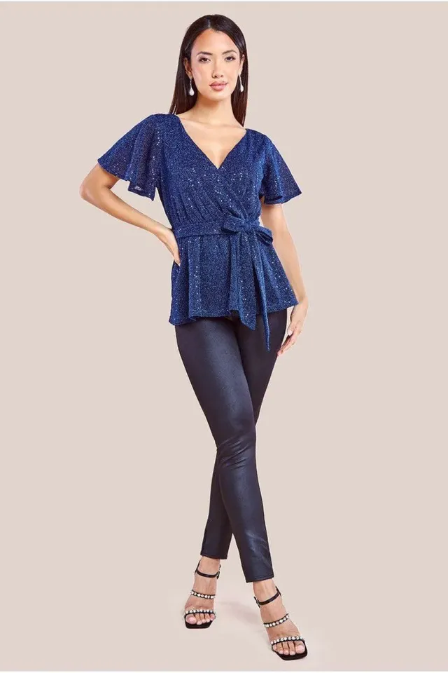 Goddiva Top Avvolgente Blu Navy Maniche Svolazzanti Lurex