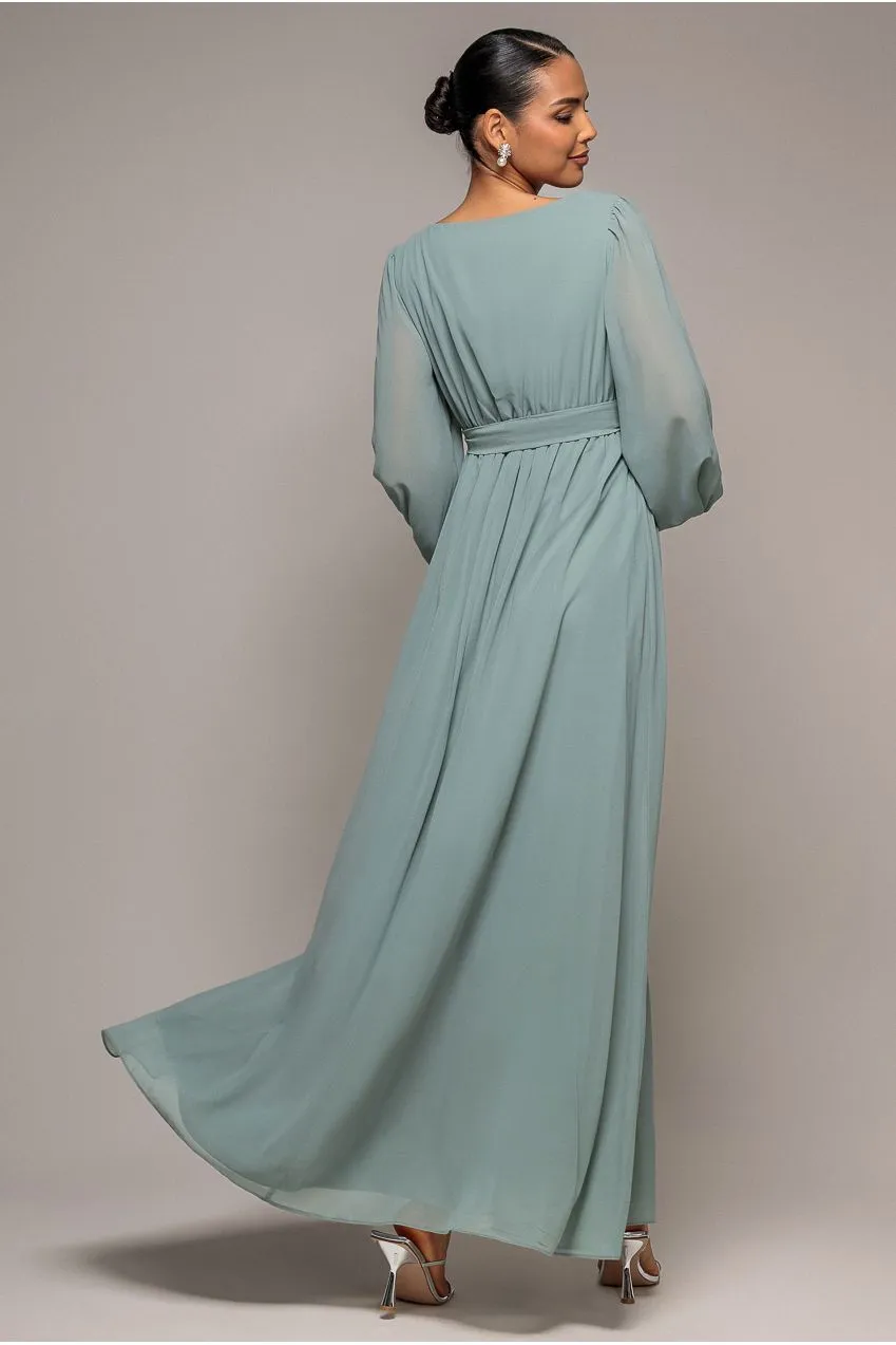 Goddiva Abito Maxi Verde Salvia Chiffon Spacco Manica Lanterna