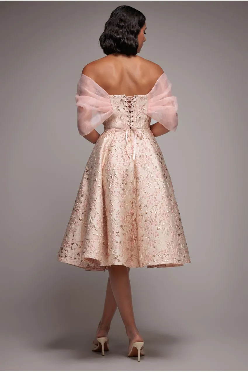 Goddiva abito midi jacquard allacciatura rosa cipria
