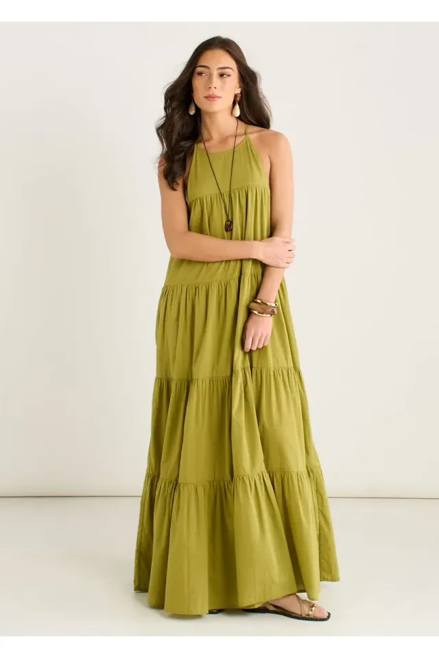 Gini London Tiered Halter abito maxi kaki balze