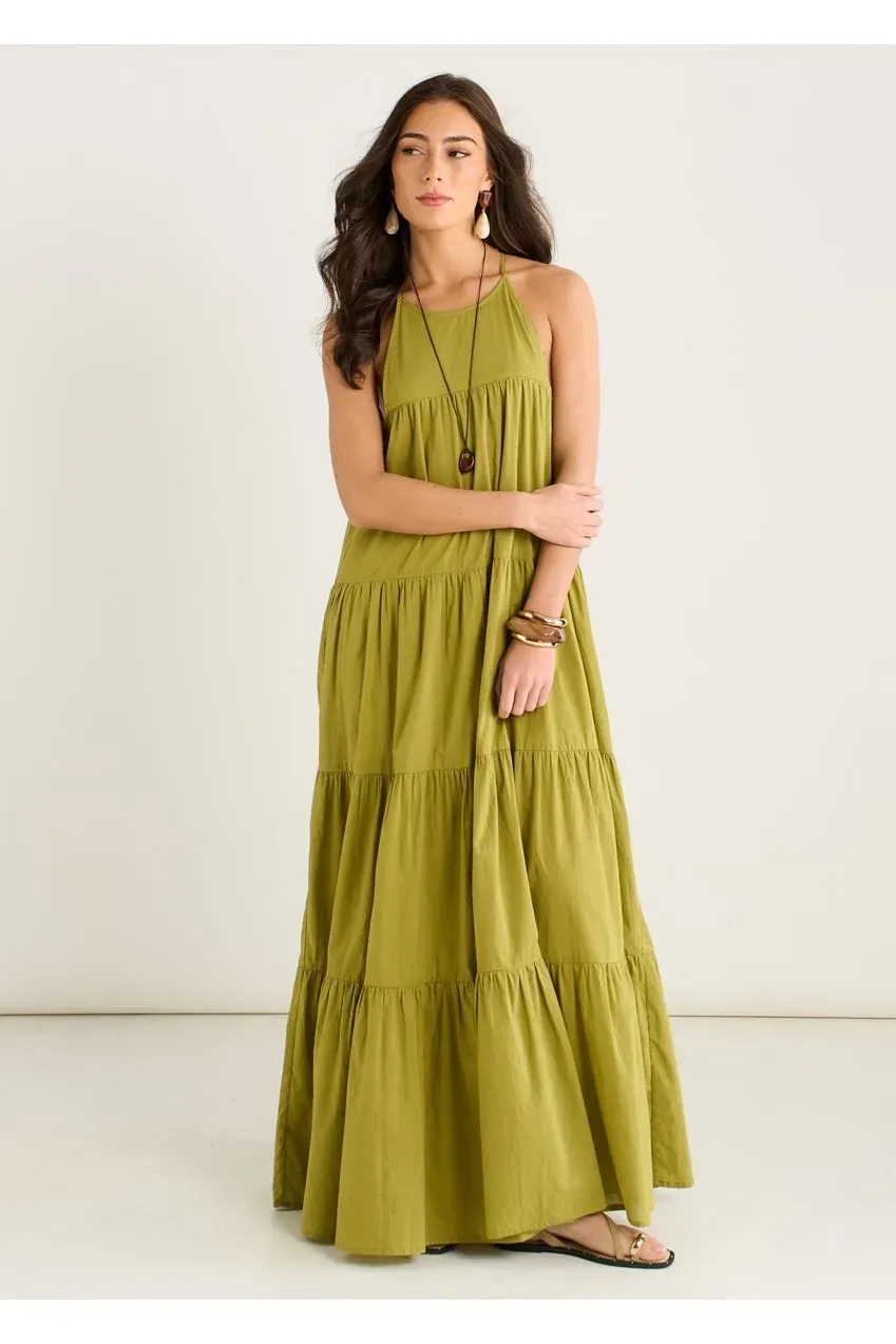 Gini London Tiered Halter abito maxi kaki balze