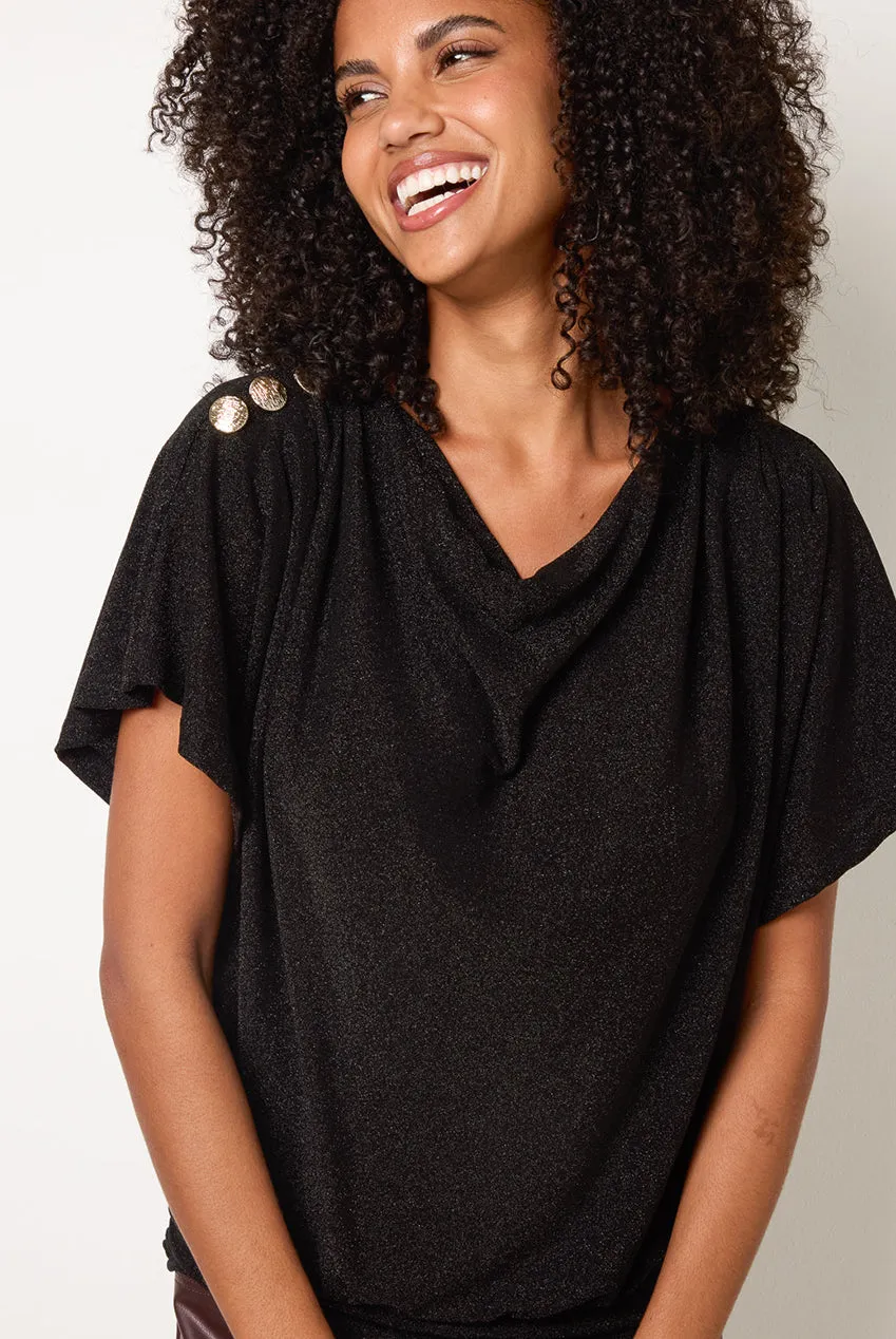 Blue Vanilla Draped Cowl Neck top nero con bottoni